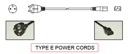 TYPE E Power cords are used in the following Countries:
<br>
Primary Country known for using TYPE E power cords is Belgium, France, Poland, Slovakia.

<br>Additional Countries that use TYPE E power cords are 
Algeria, Benin, Burundi, Cameroon, Central African Republic, Comoros, Congo - Democratic Republic, Congo - Republic of the, Czech Republic, Djibouti, Equatorial Guinea, Ethiopia, French Guiana, French Polynesia, Gabon, Guadeloupe, Ivory Coast, Madagascar, Mali - Republic of, Martinique, Monaco, Mongolia, Morocco, Reunion, Senegal, Somalia, Syria, Togo, Tunisia.

<br><font color="yellow">*</font> Additional Type E Electrical Devices:

<br><font color="yellow">*</font> <a href="https://internationalconfig.com/icc6.asp?item=TYPE-E-PLUGS" style="text-decoration: none">Type E Plugs</a> 

<br><font color="yellow">*</font> <a href="https://internationalconfig.com/icc6.asp?item=TYPE-E-CONNECTORS" style="text-decoration: none">Type E Connectors</a> 

<br><font color="yellow">*</font> <a href="https://internationalconfig.com/icc6.asp?item=TYPE-E-OUTLETS" style="text-decoration: none">Type E Outlets</a> 

<br><font color="yellow">*</font> <a href="https://internationalconfig.com/icc6.asp?item=TYPE-E-POWER-STRIPS" style="text-decoration: none">Type E Power Strips</a>

<br><font color="yellow">*</font> <a href="https://internationalconfig.com/icc6.asp?item=TYPE-E-ADAPTERS" style="text-decoration: none">Type E Adapters</a>

<br><font color="yellow">*</font> <a href="https://internationalconfig.com/worldwide-electrical-devices-selector-and-electrical-configuration-chart.asp" style="text-decoration: none">Worldwide Selector. View all Countries by TYPE.</a>

<br>View examples of TYPE E power cords below.